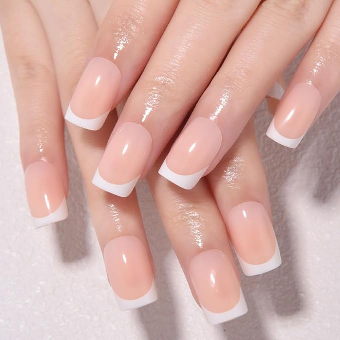 Nude+White French Tips Press on Nails, Short Square Acrylic Fake Nails Design, Natural Reusable Glue-On Nails Kit for Women DIY False Nail Art Decoration Gift, Salon Quality Reusable 32 Pcs