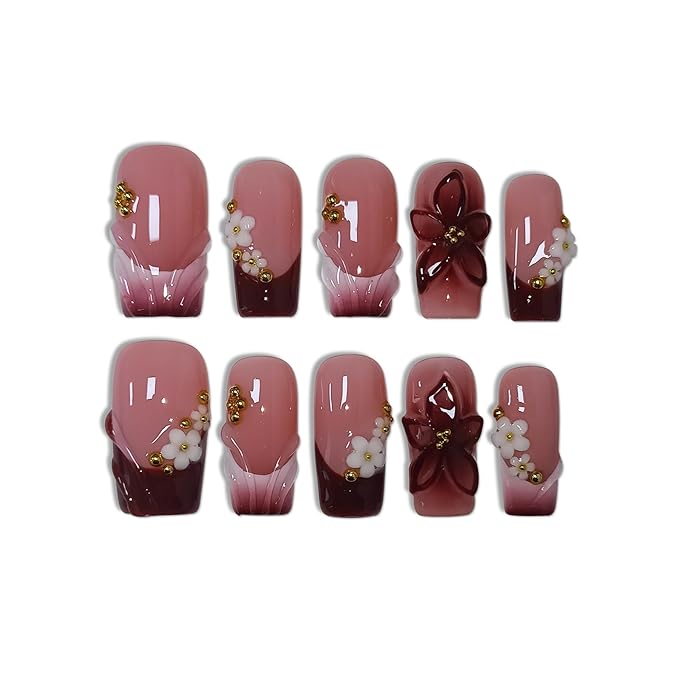 Sweet Cherry Red Press on Nails Medium Long Square - Sheer 3D Floral Pearl Embossed Glossy False Nails for Women Fall Winter Party-Acrylic Handmade French Tips Fake Nails for Makeup(M)