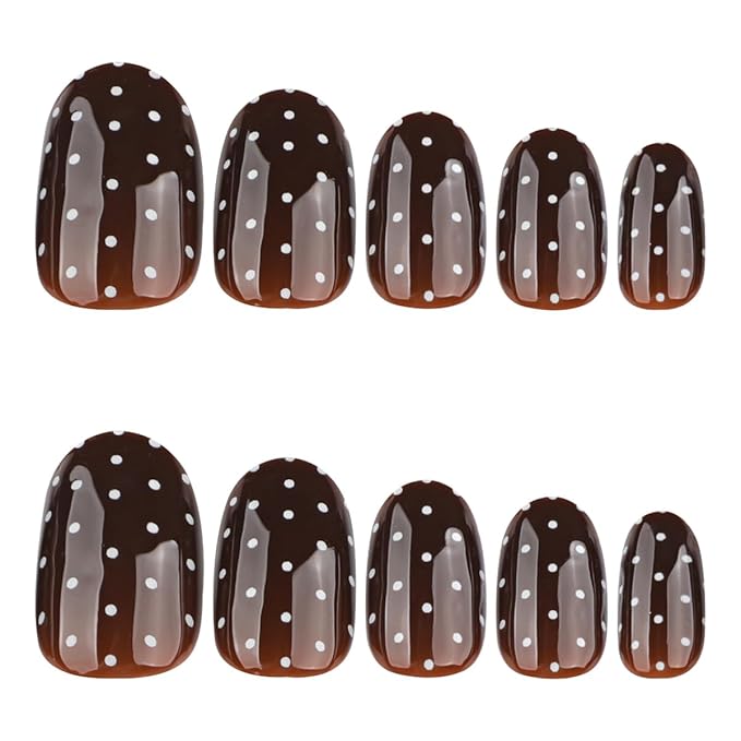 Brown Press on Nails Polka Dots Fake Nails Short Oval Fall Winter Nails Press ons with Design Full Cover Stick on Nails for Women Manicure,Reusable | Artificial | Nail Sticky Tabs | Easy Apply | 24Pcs