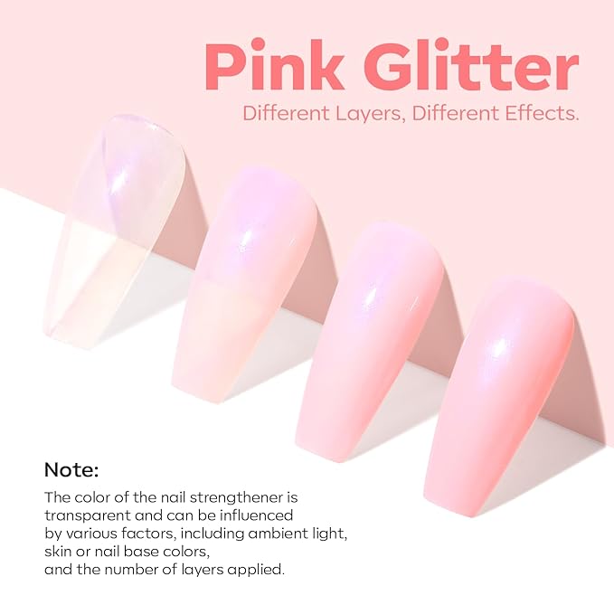 modelones Nail Strengthener, Sparkle Pink Nail Polish Nail Repair for Damaged Nails Hardener Air Dry Nail Growth Polish Natural Nail Concealer Foundation Gifts for Women 15ml