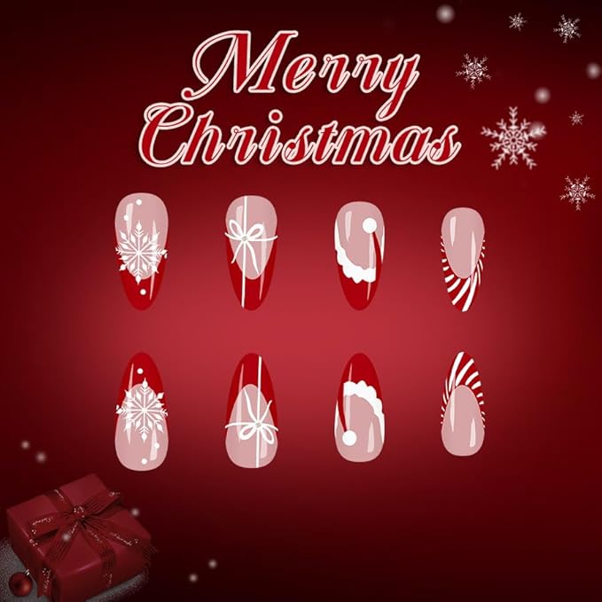 Christmas Press on Nails Red French Tip Fake Nails Medium Almond False Nails with Snowflake Christmas Hat Candy stripes Designs Glue on Nails Reusable Acrylic Nail for Women Girls 24Pcs