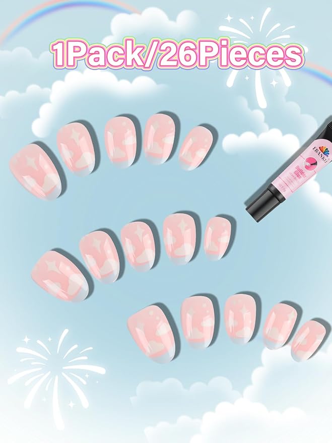 EBANKU 26 Pieces Press on Nails for Kids, Pink Almond Full Cover Acrylic Nail Tip Kit with Nail Glue Children Short Artificial False Nail Kits for Girls