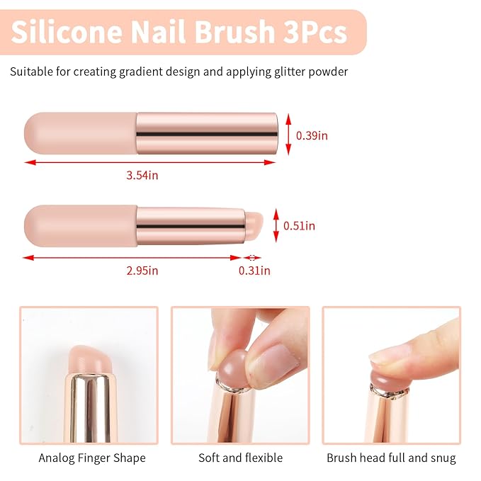 BQAN 3Pcs Silicone Nail Tools, Pink Nail Art Brushes for Ombre Nail, Chrome Nail, French Nail, Soft Silicone Nail Stamping Manicure Tool