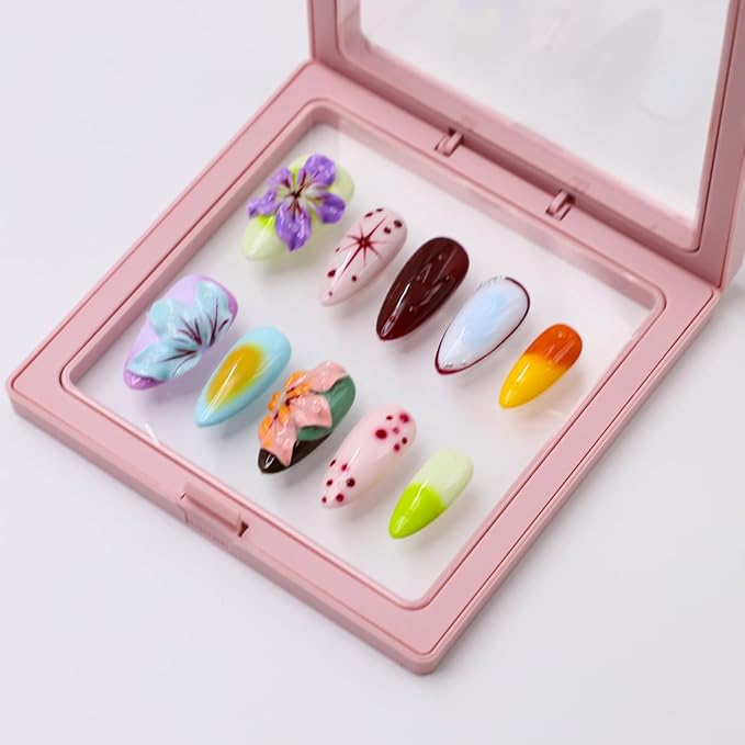 Handmade Press on Nails Medium Almond Thick Acrylic Nails with Glue,Tropical Flower Art Fake Nails with Water Droplet Pattern Designs Nature Stick on Nail False Nails for Wome (Size M)