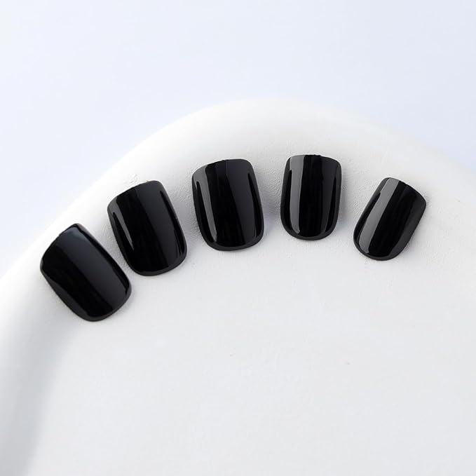 Black Press on Nails Short Square, Classic Black Fake Nails, Glossy Gel Finish Acrylic Nails, fall Thick Reusable Glue on Nails Kit for Women, 24Pcs