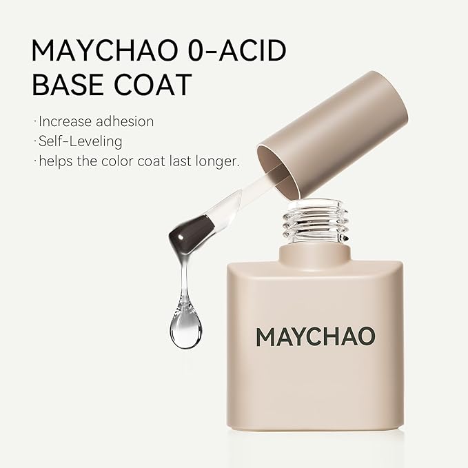 MAYCHAO Gel Base Coat and Nail Glue Set, 2 Pcs 15ml Clear Glossy No Wipe Combination for UV Light Cure Gel Nail Polish