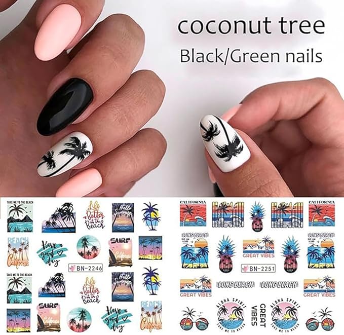 12 Sheets Summer Nail Art Stickers Beach Coconut Tree Ocean Water Transfer Nail Decals Colorful Nail Stickers Tropical Style Nail Sticker Self-Adhesive Nail Art Supplies for Women Manicure Decor