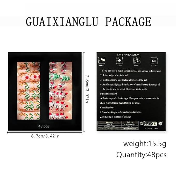 2 Packs 48Pcs Christmas Press on Nails Short Square Fake Nails Elk Antlers Acrylic Nails Christmas Glitter Designs French Ombre Nails Winter Xmas Glue on Nails Kid Set for Women Girls Decoration