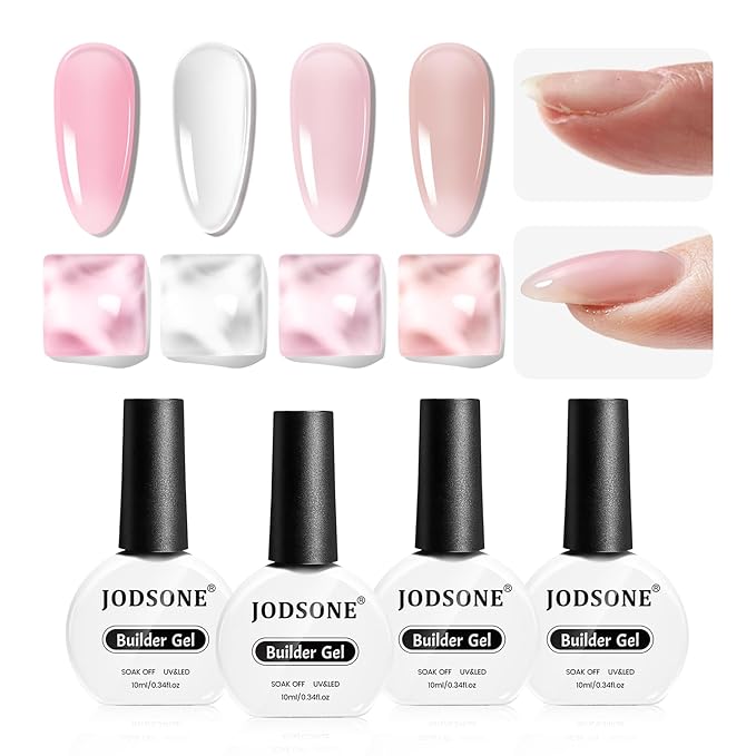 JODSONE Builder Gel for Nails,10ml 4Pcs Builder Gel Set Jelly Pink Nude White,for Nail Extension Strengthening & Thickening Solution,Long Lasting U V Light Cure