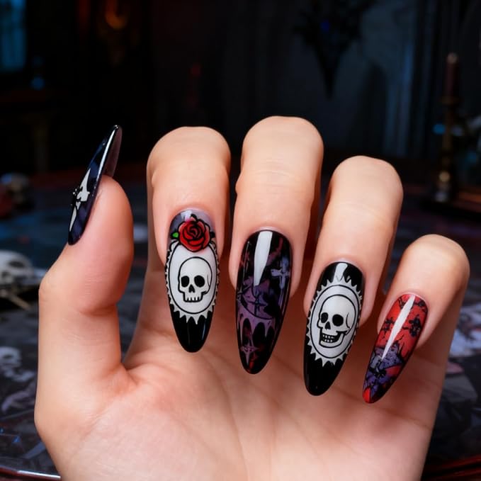 PH PandaHall 3pcs Gothic Skull Nail Stamping Plate Skeleton Picture Frame Nail Art Templates Candles Cobwebs Nails Stamper Kit Horror Butterfly Nails Art Stencils for Women Print Manicures Salon
