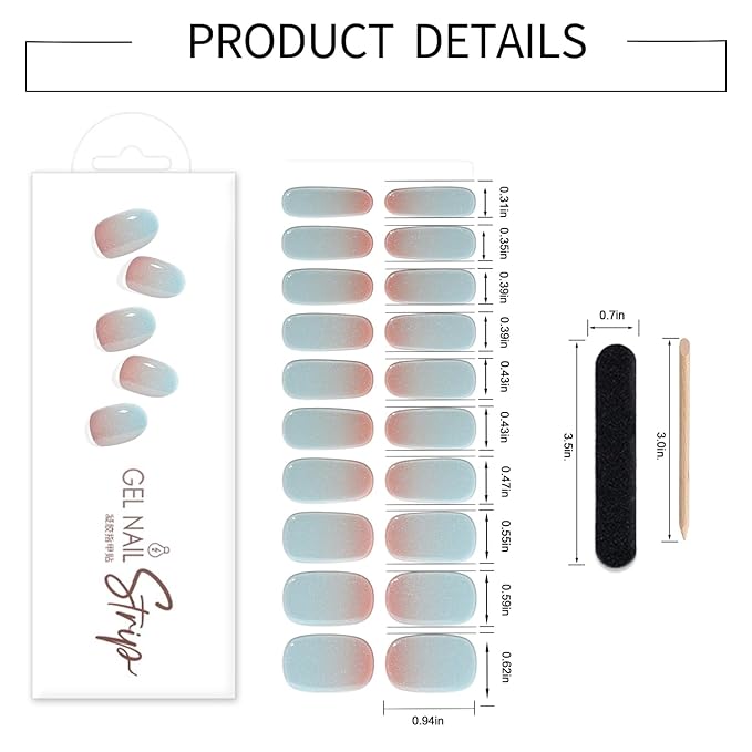 WOKOTO 1 Sheet Semi Cured Gel Nail Strips With Wood Stick & Nail File, 20 Tips Shimmery Ice Blue Ombre Semi Cured Nail Polish Strips Stickers, Harden With UV Light Gel Nail Stickers