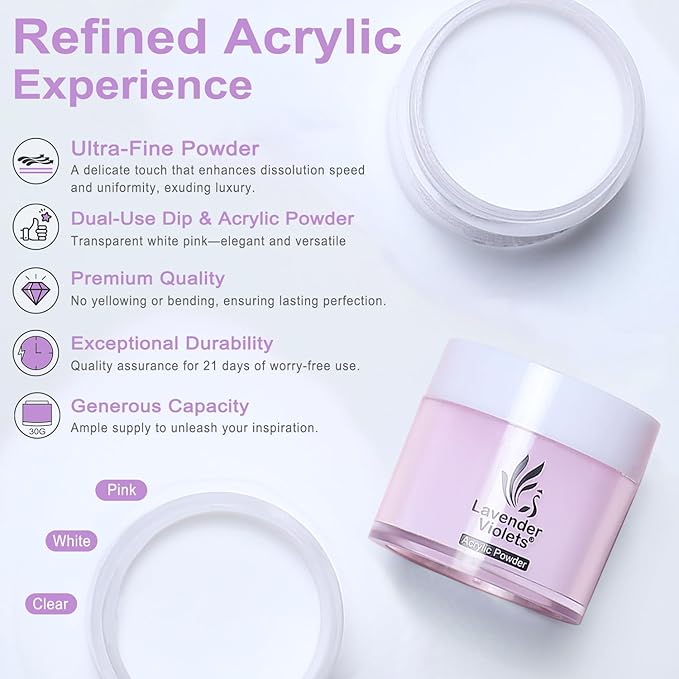 LAVENDER VIOLETS Acrylic Nail Kit for Beginners - 30g Clear White Pink Powder and 80ml Acrylic Liquid Set with Brush, Nail Forms, and Tools Professional Nail Set for Home DIY N301