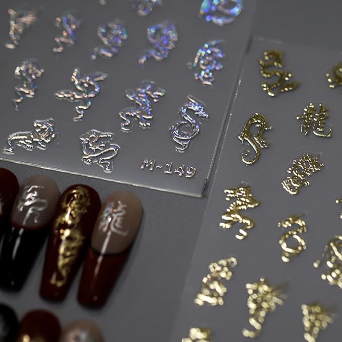 3Sheets Dragon Nail Stickers Gold Silver Laser Chinese Totem Character Acrylic Nail Decals for Halloween New Year Tattoo Design Supplies (B style)