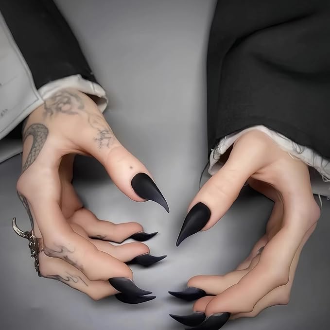 Halloween Press on Nails Black Short Curved Stiletto Handmade Design Stick on Nails Horror Vampire Fake Nails Dragon Cat Claw Press on Nails Matte Acrylic Glue on Nail Thick