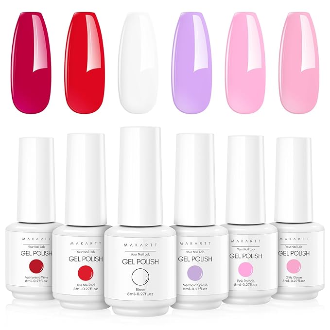 Makartt Gel Nail Polish Set - 6 Colors Pink Gel Polish Kit, White, Light Pink, Red, Purple, 8ML Soak Off UV Nail Starter Kit for DIY Manicure & Salon Nail Art Designs