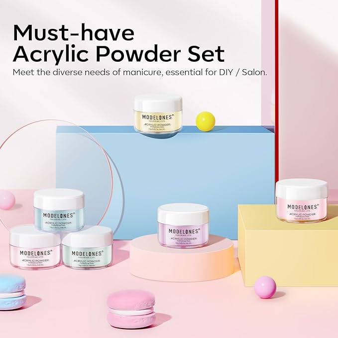 Modelones Pink Acrylic Powder 6 Colors Acrylic Nail Powder Kit Pastel Yellow Blue Purple Macaron Spring Nail Acrylic Cover Powder for Nail Art Extension No Nail Lamp Needed