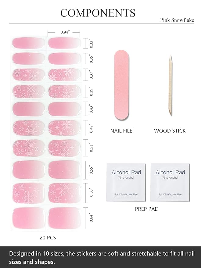 Semi Cured Gel Nail Strips (Pink Snowflake), 20 Pcs Christmas Gel Nail Wraps, Stickers, Salon Quality, Long Lasting, Works with Any UV Lamps