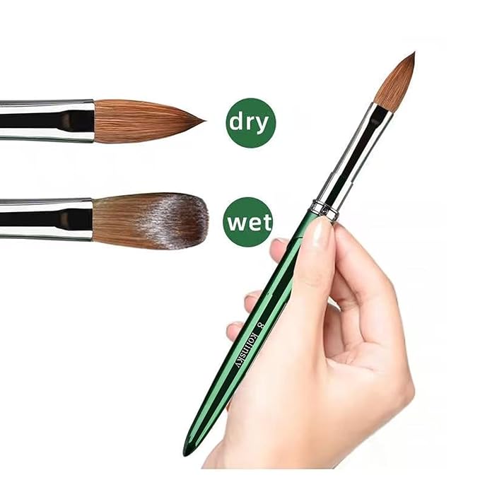 Nail Art Brushes Acrylic Nail Brushes Pure Kolinsky Hair Acrylic Crystal Chrome Green Handle with Silver Ferrule Round Shaped for Women Girls Manicure Tools Accessories- Size 8