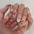 3D Pink Flower Press on Nails Medium Almond – White French Pear Designs, Acrylic Reusable Fake Nails with Adhesive Tabs Glue, Salon Quality Nail Press Ons - 24Pcs Nail Kit for Women Manicure