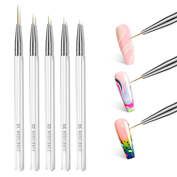 Modelones Nail Art Brushes, Thin Liner Brushes 5Pcs Set for Nail Art Gel Polish Painting Designs with Hexagonal Shape Easy Hold 5/7/9/11/20mm