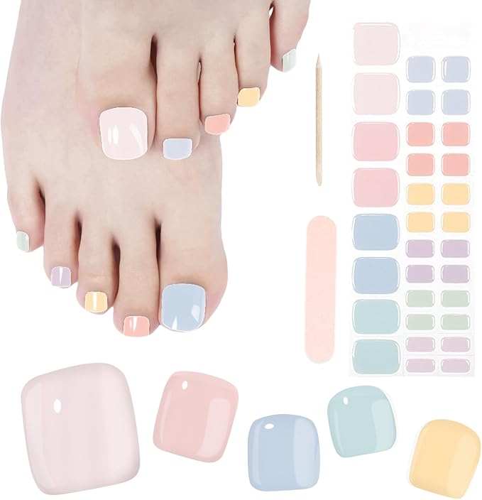 SILPECWEE Semi Cured Gel Nail Strips, Toenails Stickers Full Nail Wraps UV Light Required, Salon Quality, Easy to Apply & Remove, Toenail Strips for Women Girl (Candy-Colored Delight - 32PCS)
