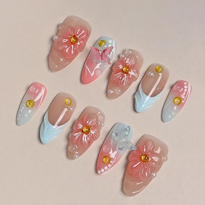 Flower Press on Nails Pink Blue Gradient Medium Almond Fake Nails with 3D Floral Butterfly Pearl Design Handmade Press on Nails French False Nail Muti-Layer Gel Acrylic Nail for Women (Size M)