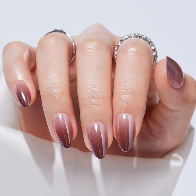 Findigit Ombre Press On Nails Almond Short - Glaze Soft Gel Press on Nails Almond, Glue on Nails with Nail Glue, Reusable Stick on Nails in 16 Sizes,32 Fake Nails Kit,Coffe Ombre