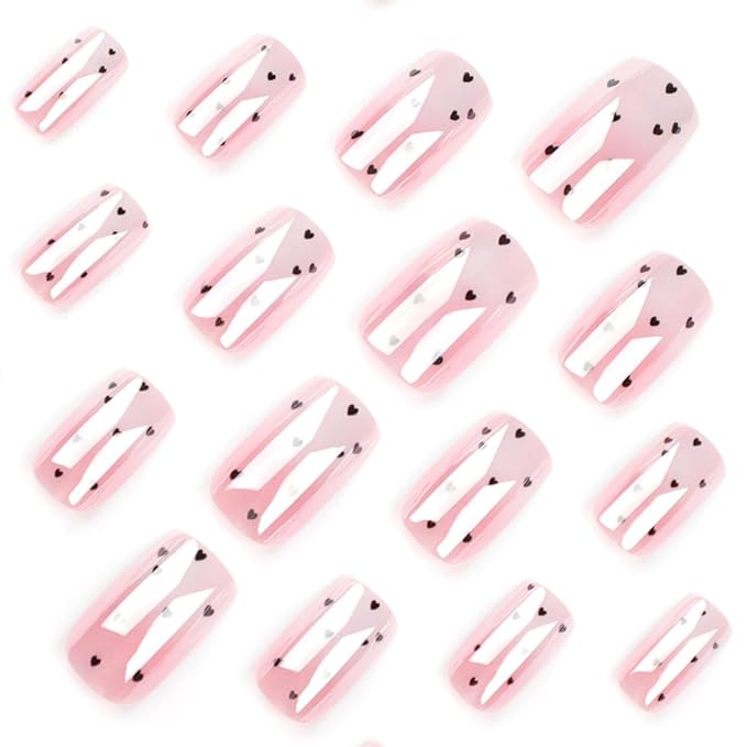 Valentine's Day Press on Nails Medium Square Fake Nails Ombre Chrome Nails Press ons with Black Love Heart Design Full Cover Stick on Nails for Women Manicure,Reusable | Glue Tabs | Easy Apply | 24Pcs