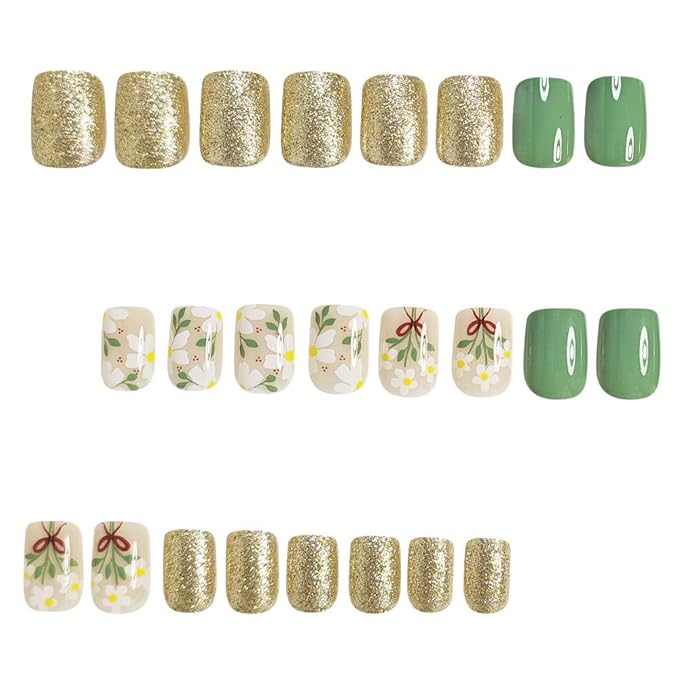 Short Press on Nails Square - Green Fake Nails with Flower Design - Spring, Glitter Full Cover Stick on False Nails for Women - 24 Pcs