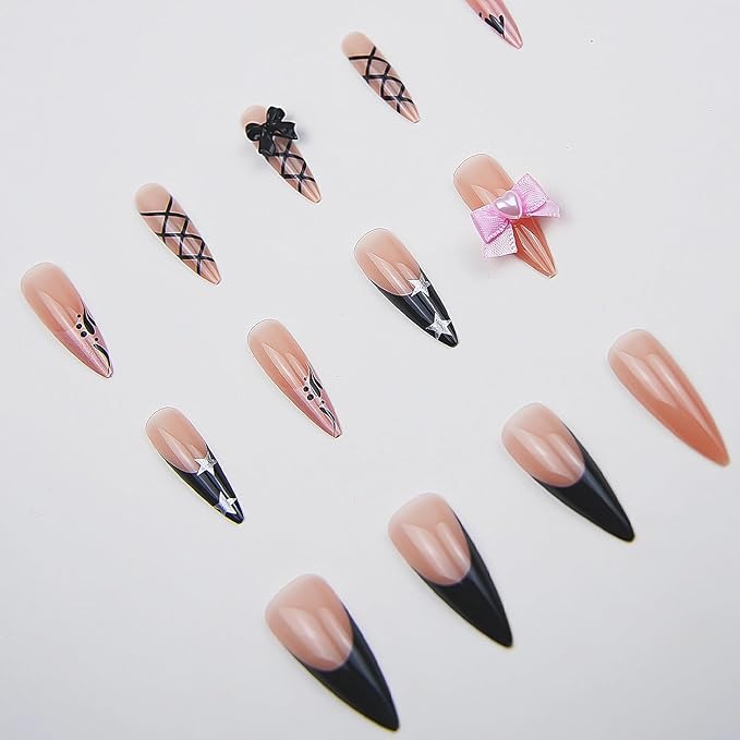 MISUD Press on Nails - Long Stiletto Fake Nails with Black French Tip, Acrylic Star Bow Design 24 pcs