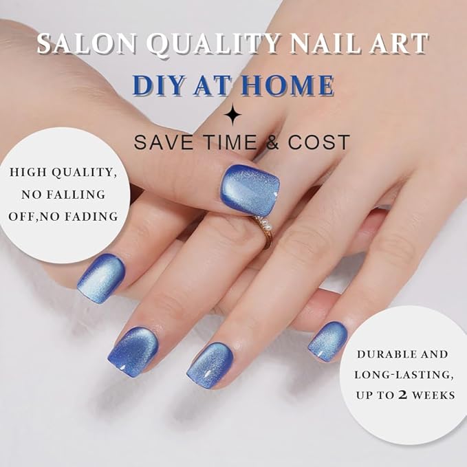 evpct Blue Cat Eye Extra Short Press on Nails Square, Petite Short Square Stick on Nails for Women Gift, Light Sky Blue Metallic Glitter Glossy Reusable Gel Press on Acrylic Fake Nail with Designs