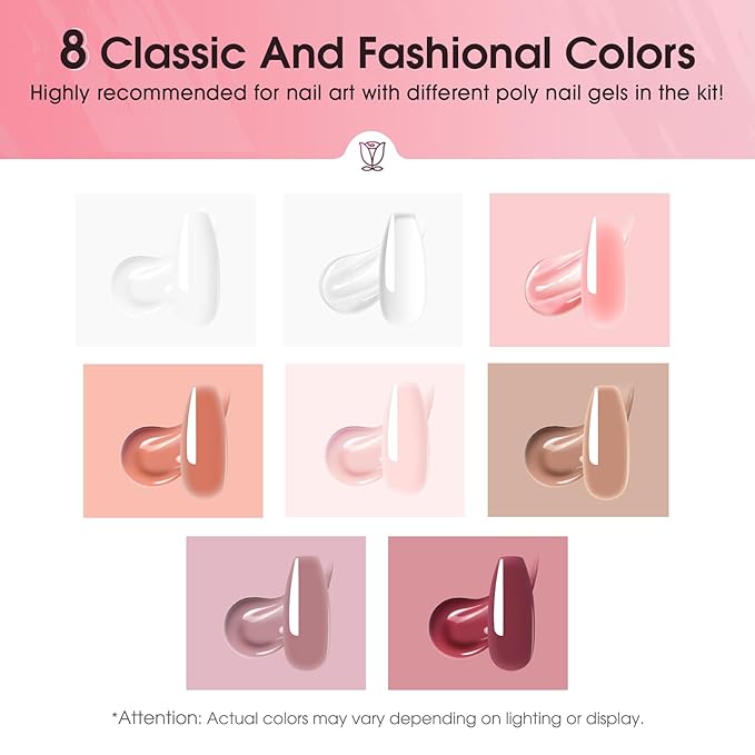 ROSALIND Poly Nail Gel Kit -8 Colors + White Brown Accessories Clear Nude Christmas Poly Nails Gel Starter Kit With Slip Solution Nude Pink Extensions Set with Mini UV Lamp