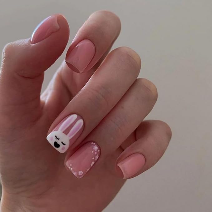 Easter Press on Nails Short Square Fake Nails Cute Bunny Pink Flower Garland Designs Glossy False Nails Easter Day Nail Art Decorations Full Cover Acrylic Nails for Women Nail Art Manicure 24 Pcs