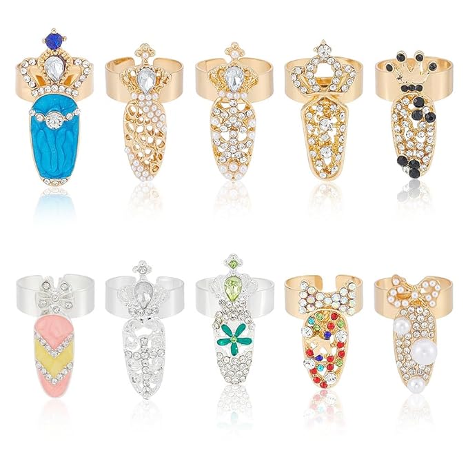 10Pcs Fingernail Rings with Acrylic Rhinestone 10 Styles Alloy Nail Cover Ring Multi-Style Opening Crown Bowknot Fingertip Nail Rings Halloween Christmas Loop Bow Tip Decoration