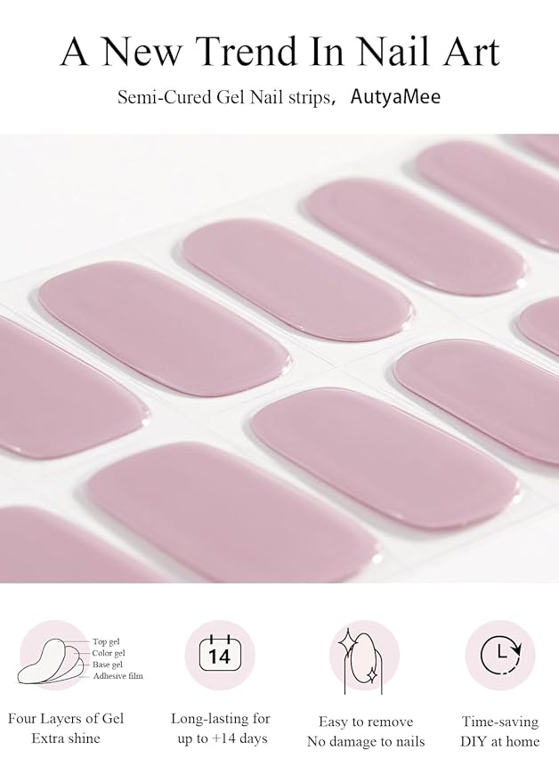 Semi Cured Gel Nail Strips (Nude Purple), 20 Pcs Gel Nail Wraps, Stickers, UV Light Required, Salon Quality, Long Lasting
