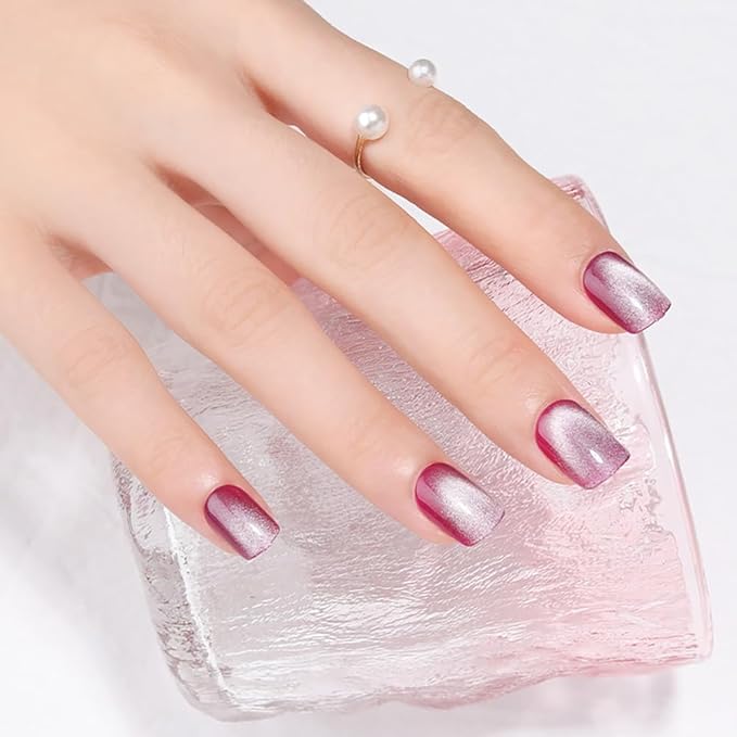 Rose Purple to White Gradient Press On Nails Short Square Cat Eye Nails, Fashion Gel Fake Nails, Reusable Acrylic Fake Nails, Glossy Stick On Nails for Women, Glue On Nail Kit, Purple Moonlight Glow