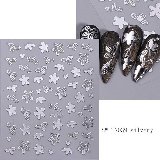 8 Sheets Flower Leaf Nail Stickers - 3D Self-Adhesive Metal Flower Nail Decals in Gold, Silver & Rose Gold - Floral Nail Designs with Retro Petal Leaves - Perfect for Women's Manicure Decoration