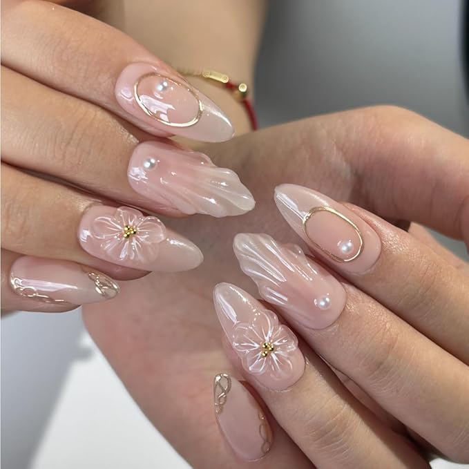10 Pcs Medium Length Handamde Almond Press On Nails Reusable ABS Acrylic False Nails Set for Women (Size S)