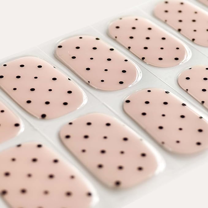 Semi Cured Gel Nail Strips - Black Polka Dot with Pink base, 20 Pcs DIY at Home Nail Art, UV/LED Lamp Required, Beginner Friendly & Salon Quality Manicure