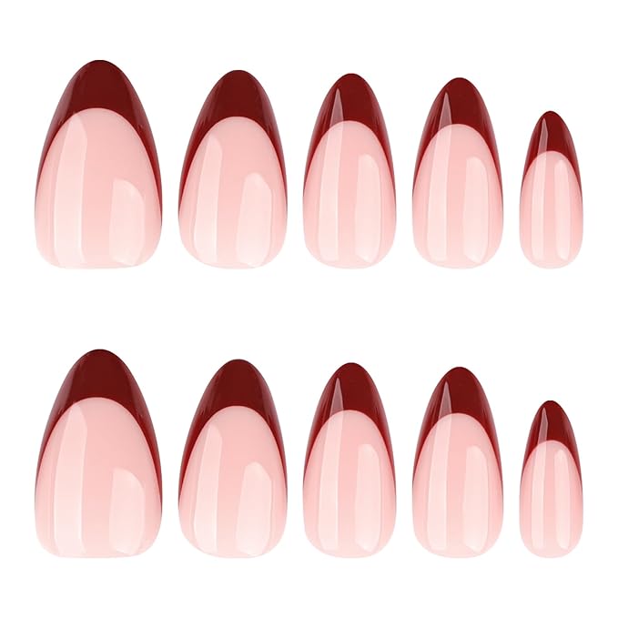 Press on Nails Almond Medium - Wine Red French Tip Fake Nails - Glossy Full Cover Stick on Nails Press Ons - for Women Manicure 24 Pcs