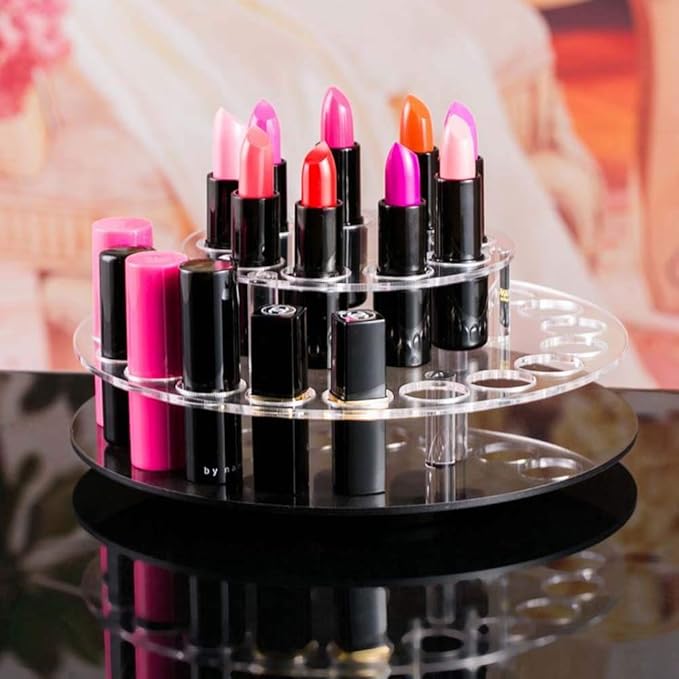 360-Degree Clear Acrylic Rotating Lipstick Holder Organizer,Spinning Rotatable Cosmetic Makeup Lip Gloss Nail Polish Storage Display,25 Round Openings