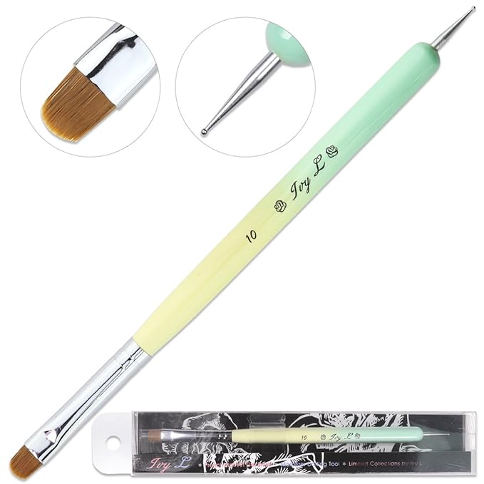 Ivy-L Premium 2 Ways French Gel Acrylic Nail Art Kolinsky Brush with Dotting Tool for Professional Manicure Nail Art Design Cuticle Clean-up + Lime Green Wood Handle (Size 10)