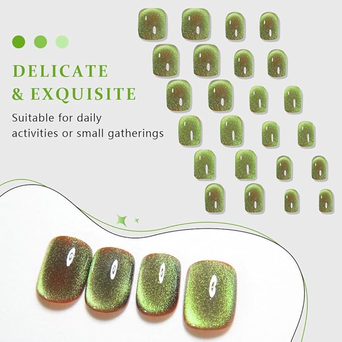 evpct Light Green Cat Eye Extra Short Press on Nails Square, Petite Short Square Stick on Nails for Women Gift, Light Green Metallic Glitter Glossy Reusable Gel Press on Acrylic Fake Nail with Designs