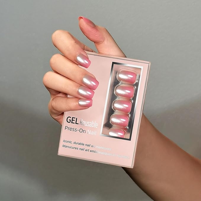 30 Pcs Pink Gradient Soft Gel Press on Nails Short Square Cats Eyes Fake Nails Designs Thickened False Nails with Glue Glossy Acrylic Nails Full Cover Stick on Nails for Women Nails Manicure