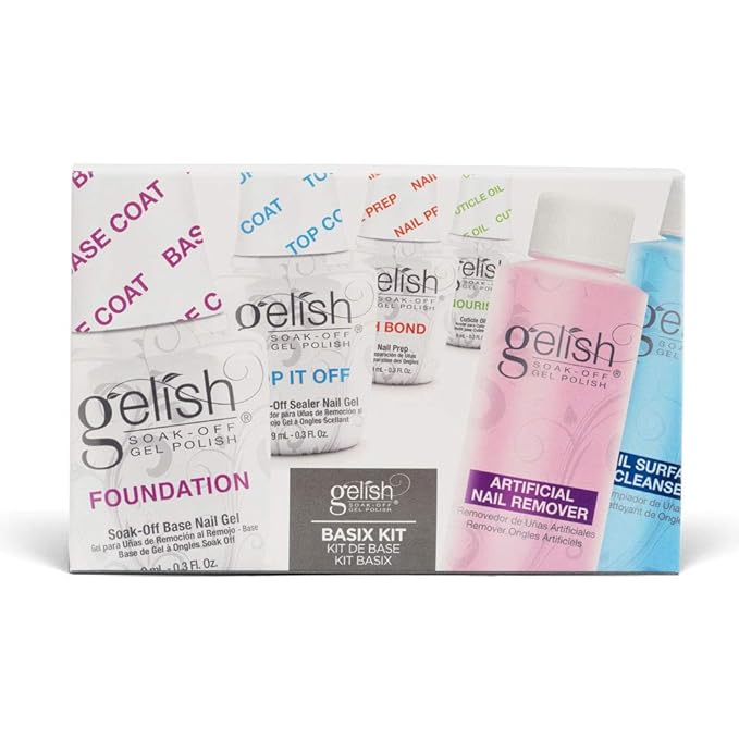 Gelish MINI Complete Basix Kit - Gel Nail Polish Prep Essentials Starter Kit with Foundation, pH Bond, Top It Off, Nourish, Nail Remover & Cleanser - Long-Lasting Salon-Quality Manicure at Home.