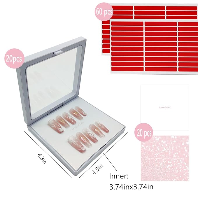 Press On Nail Packaging Boxes - 3D Floating Storage and Display Box With 60pcs Double Sided Adhesive Tape for Nail Tech (White, 4.3 Inch)