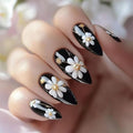 Press on Nails Medium Almond MABKJLF Embossed Fake Nails Cute Daisy False Nails with Designs Gold Foil Black & White Glossy Glue on Nails Acrylic Nails for Women Girls 24Pcs