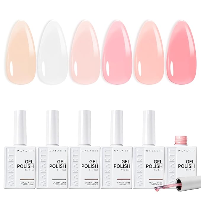 Makartt Jelly White Pink Nude Gel Nail Polish Set 15ml One N'Done 6 Colors Sheer Transparent Gel Polish Kit Salon-Grade UV Nail Art Manicure DIY Salon Home - Peachy Pink