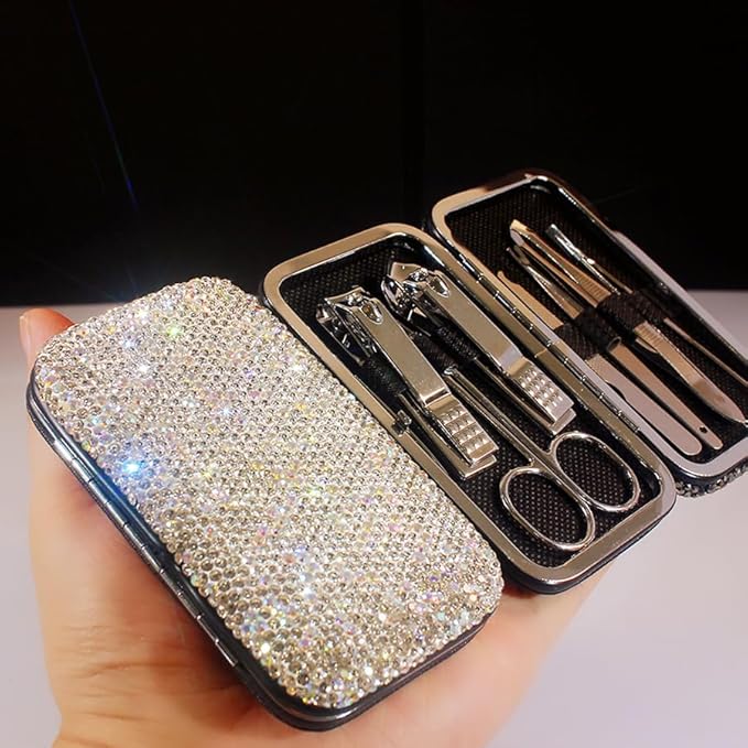 Bling Rhinestone Manicure Set Nail Clippers Pedicure Kit-8 Pieces,Stainless Steel Manicure Kit Pedicure Set Grooming Kits Nail Care Tools with Travel Case for Women Girls (Silver)