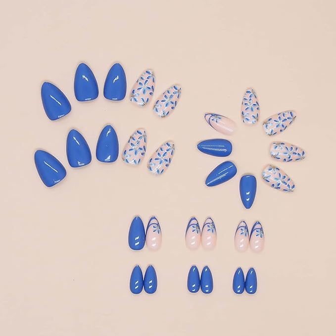 Valentine Blue Short Almond French Press on Nails Flower Pattern Fake Nails DIY for Women and Girls Daily and Party Use Can Glue on Nails Blue Full Cover Acrylic Stick on Nails 24 Pcs Kit